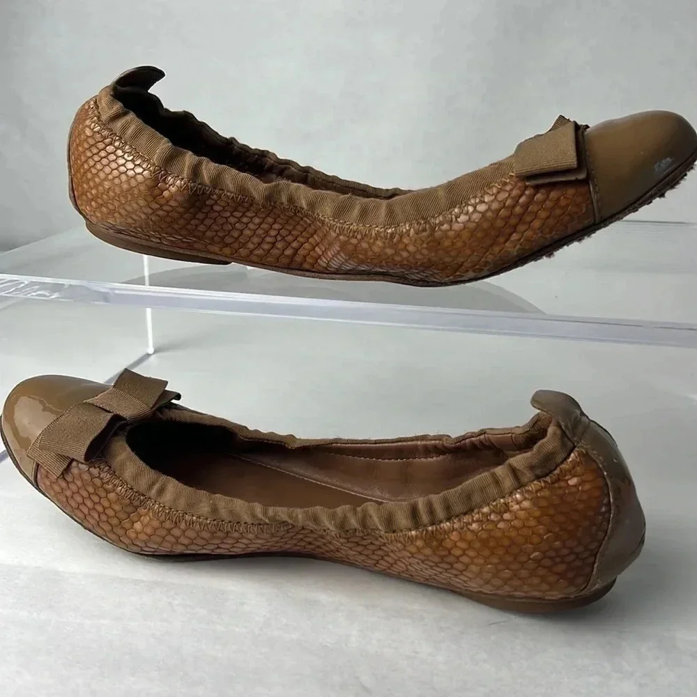 Tory Burch Leather/Fabric Bow Accent Ballet Slip-On Flats Brown Tan Size 9M